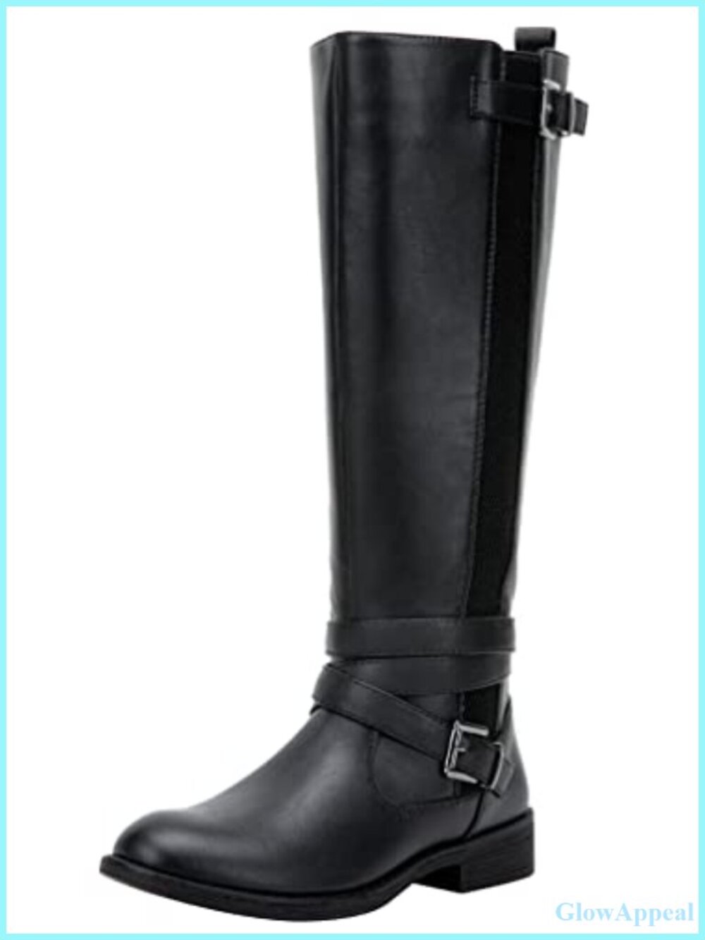 Faux Leather Knee High Riding Boots Low Block Heel Side Zip